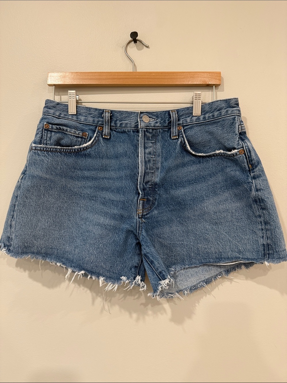 Agolde Parker Long Medium Blue Frayed Hem Denim Shorts
